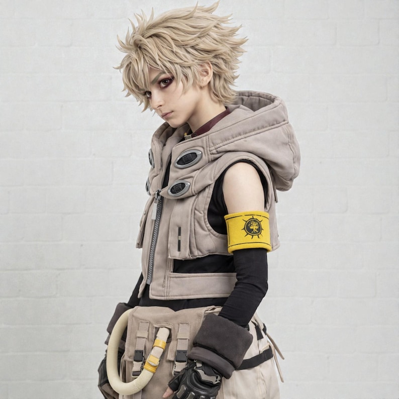 May include: A cosplay outfit featuring a beige hooded vest with black accents, a yellow armband with a black emblem, and a utility belt. The outfit includes black gloves and long sleeves. The model has spiky blonde hair and is looking to the side.