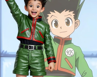 Anime Inspired Green Leather Jacket & Shorts Set – Hunter Style Cosplay Costume – Kids Cropped Jacket Outfit – Custom Size Anime Cosplay
