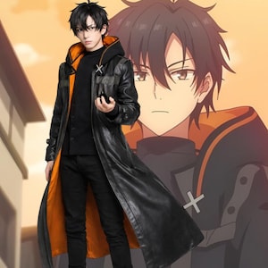 May include: A black leather trench coat with an orange lining and hood. The coat has a cross design on the chest and shoulders. The person is wearing a black turtleneck and black trousers. An anime character is in the background.