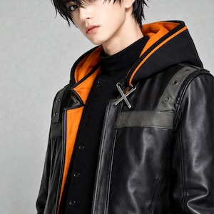 May include: Black leather jacket with an orange lining and a black hood. The jacket has grey shoulder details and a silver X-shaped clasp. The model is wearing a black turtleneck.