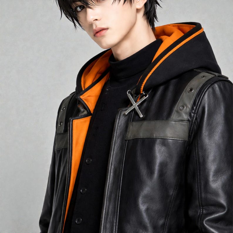 May include: Black leather jacket with an orange lining and a black hood. The jacket has grey shoulder details and a silver X-shaped clasp. The model is wearing a black turtleneck.