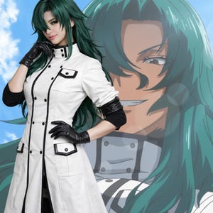 May include: A white coat with black trim and black gloves. The coat has black buttons and pocket details. The person in the image has green hair and is posing in front of a cartoon character with green hair.