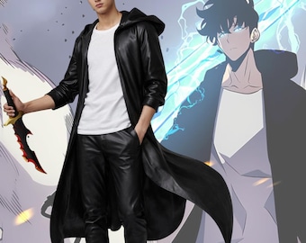 Anime Inspired Black Long Coat | Hooded Leather Trench Coat for Cosplay | Men’s Anime Style Costume Coat | Gothic Cyberpunk Coat
