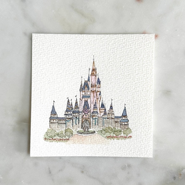 magisch kasteel, handgeschilderd, afdruk van aquarel met schets, 4 x 4 of ornament