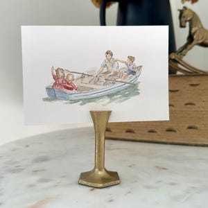 dick and jane, boating with dad, hand-painted, print of watercolor painting with sketch, 4x4