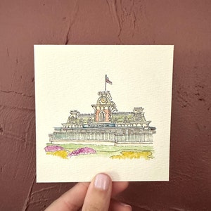 Disney World Miniaturkunst, magisches Königreich, handgemalt, Druck von Aquarellmalerei mit Skizze, 10x10 oder Ornament