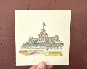 Disney World Miniaturkunst, magisches Königreich, handgemalt, Druck von Aquarellmalerei mit Skizze, 10x10 oder Ornament