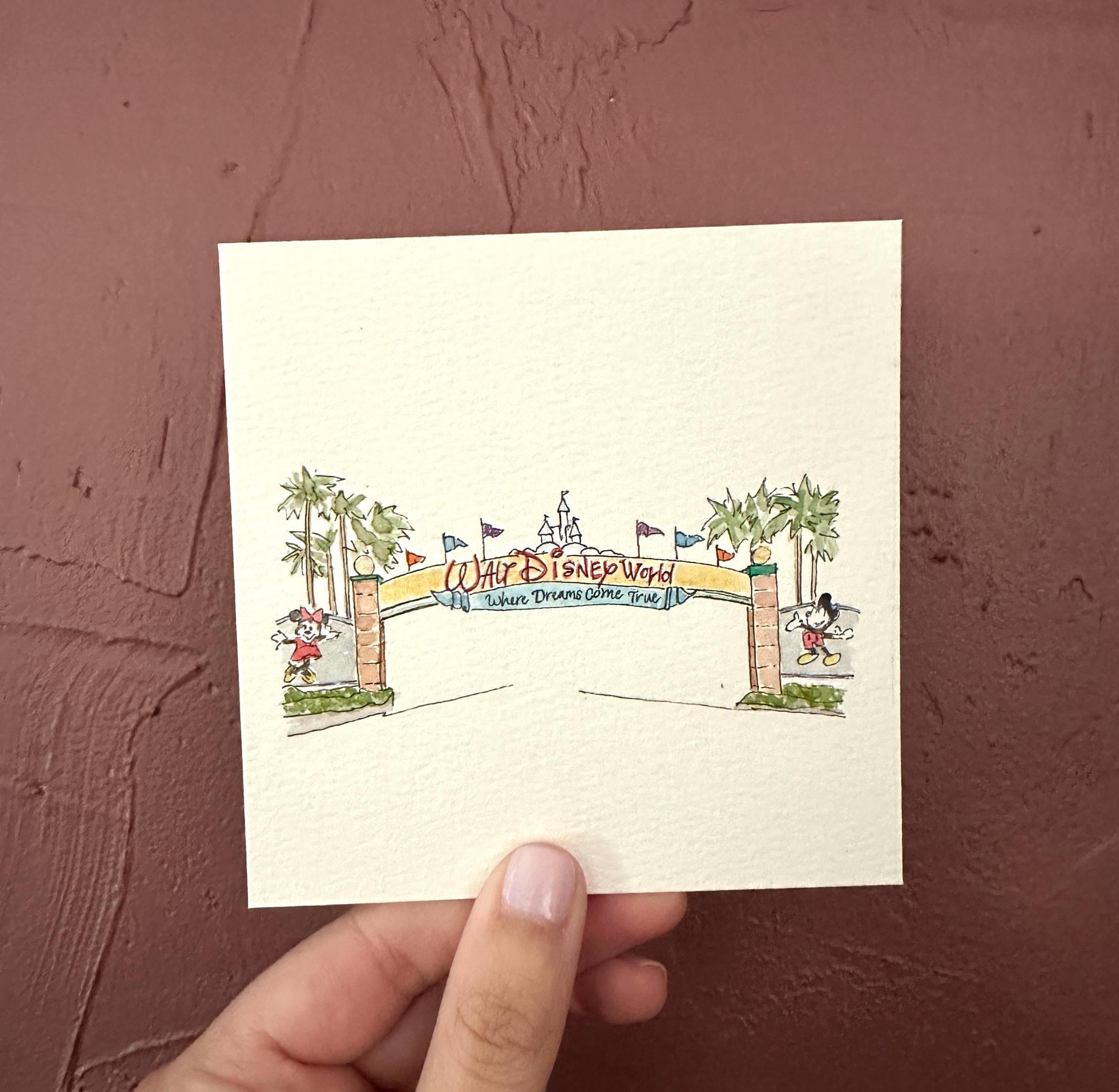 Disney World Miniaturkunst, Eingang zum Park, handgemalt, Druck von Aquarellmalerei mit Skizze, 10x10 oder Ornament