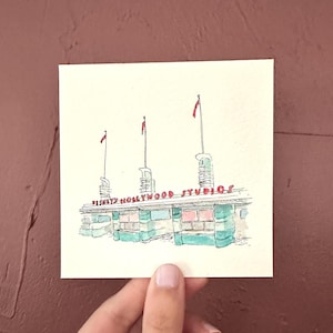 disney world miniature art, hollywood studios, hand-painted, print of watercolor painting with sketch, 4x4 or ornament