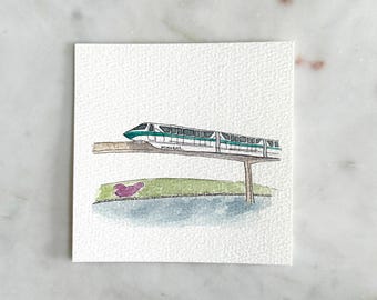 Disney World Miniatur Kunst, Monorail, handgemalt, Druck von Aquarellbild mit Skizze, 4x4 oder Ornament