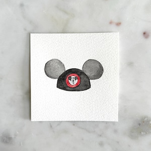 mouse ears hat, hand-painted, print of watercolor painting with sketch, 4x4