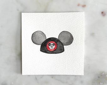 Disney World Miniatur Kunst, Micky Maus Ohren, handgemalt, Druck von Aquarellbild mit Skizze, 10x10