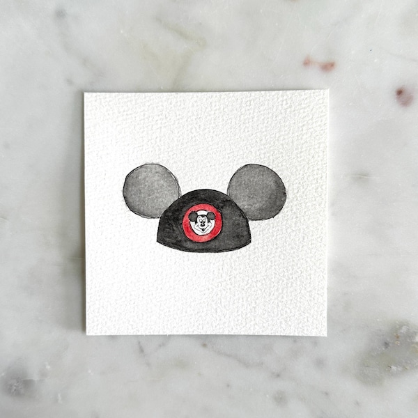 mouse ears hat, hand-painted, print of watercolor painting with sketch, 4x4