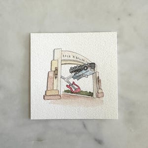 May include: A watercolor illustration of a red electric guitar flying through the air, with a black car and a white car behind it. The cars are flying through an archway that says "Rock 'n' Roller Coaster".