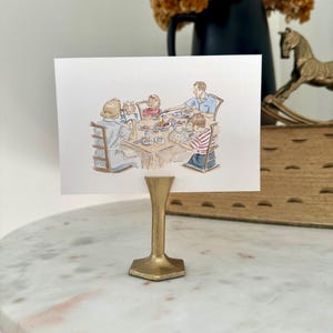 dick and jane, family dinner, hand-painted, print of watercolor painting with sketch, 4x4