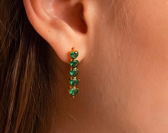 Green Heart Drop Earrings in Gold, Emerald Heart Dangle Earrings, Valentine Gift for Her, Romantic Statement Earrings, Love Earrings