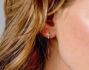 CZ Diamond Cross Stud Earrings: 14k Gold Filled or Sterling Silver