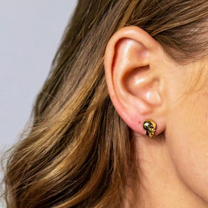 Tiny Skull Earrings Gold Filled Skeleton Earring Yellow Gold Gothic Skull Stud Handcrafted Jewelry Anatomy Jewelry Minimal Earrings
