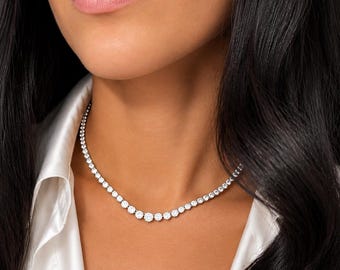 Diamantene Tennis-Halskette, zierliche Zirkonia-Tennis-Halskette, wasserfeste Gold-Silber-Kette, Halskette mit abgestuften Diamanten, Brautschmuck-Geschenk für Sie