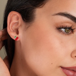 Cherry Stud Earrings 14K Gold Silver Shaped Cherry Stud Dainty Cherries Earrings Minimalist Earrings Tiny Summer Jewelry Gİft For Her LJA