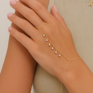 Diamond Hand Chain Bracelet | 14k Gold or Silver | Dainty Lariat Ring Bracelet | Adjustable Finger Chain | Minimalist Jewelry Gift