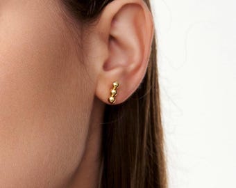 Tiny Three Bead Bar Stud Earrings, 14k Gold Filled or Sterling Silver