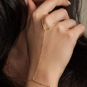 14K Solid Gold Hand Chain | Satellite Finger Bracelet | Dainty Beaded Ring Bracelet | Minimalist Lariat Jewelry | Tiny Gold Bracelet | LJA