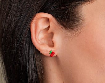 Cherry Stud Earrings 14K Gold or Silver – Dainty Cherry Earrings, Summer Jewelry Gift for Her, Minimalist Fruit Studs