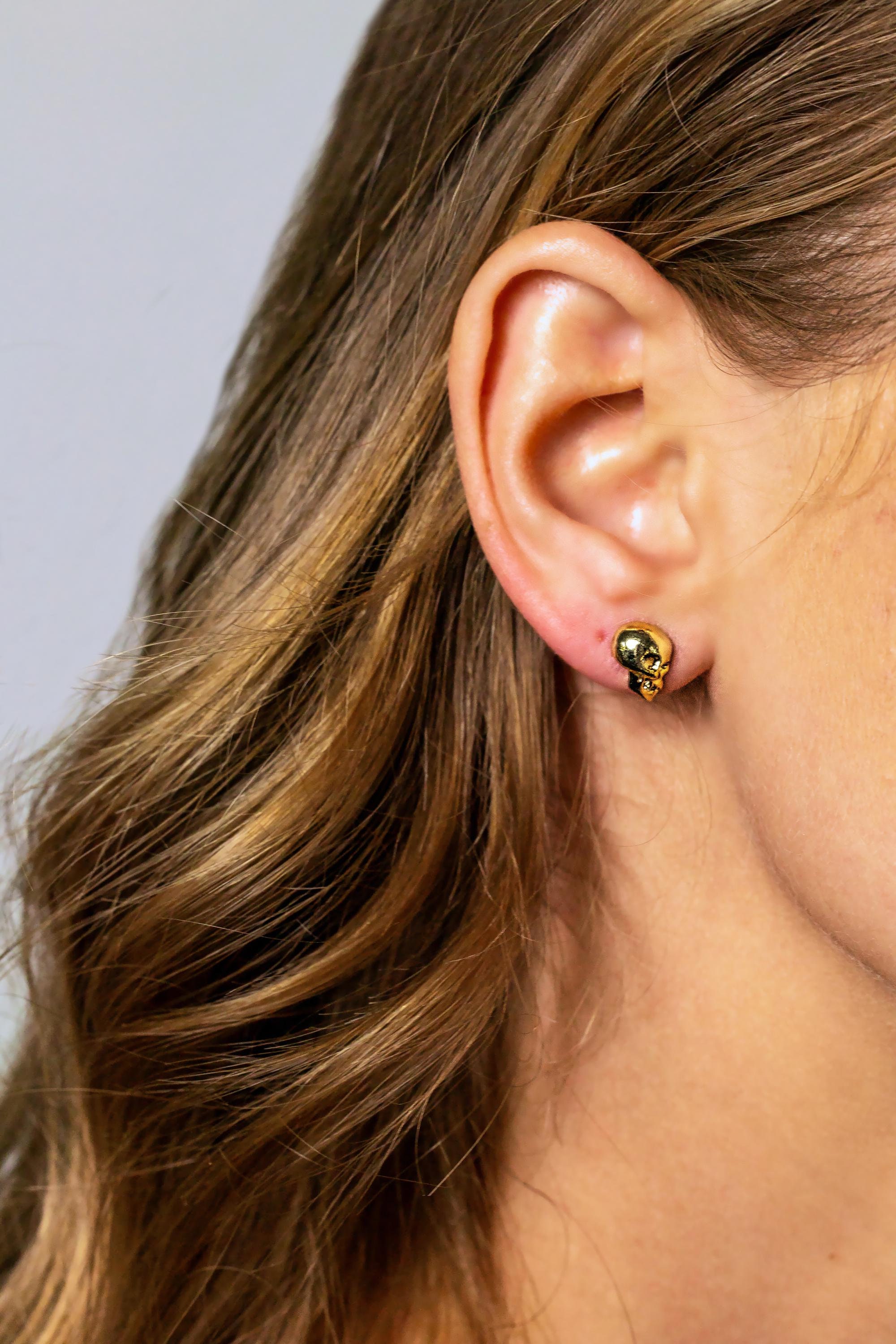 Tiny Skull Earrings Gold Filled Skeleton Earring Yellow Gold Gothic Skull Stud Handcrafted Jewelry Anatomy Jewelry Minimal Earrings