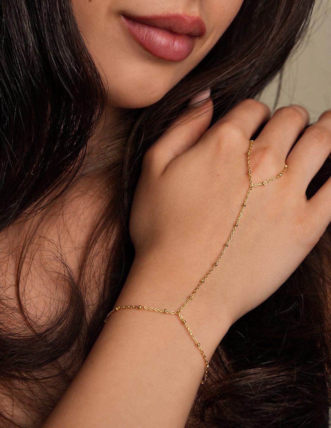 Satellite Hand Chain 14k Gold Silver Finger Bracelet Dainty Minimalist Beaded Cable Chain Ring Adjustable Bracelet Lariat Tiny Bracelet LJA