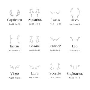 May include: A chart of the 12 zodiac signs with their corresponding dates. Each sign is represented by a constellation of stars and the name of the sign is written below.