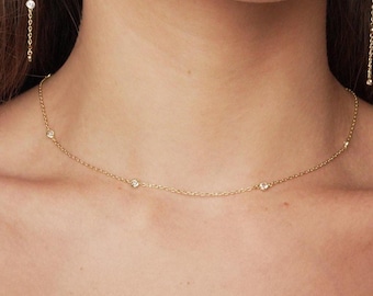 Dainty Diamond Choker Necklace: 14k Gold Filled or Sterling Silver
