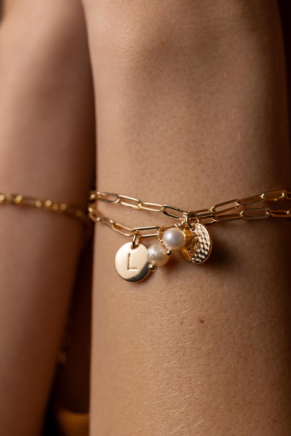 Dainty Initial Disc Bracelet Initial Disc Bracelet Dainty Pearl