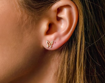 Pendientes de mariposa con diamantes: chapados en oro de 14 k o plata de ley