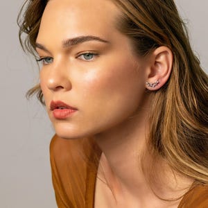May include: A woman with long brown hair wearing a brown top and a small silver earring in her right ear.
