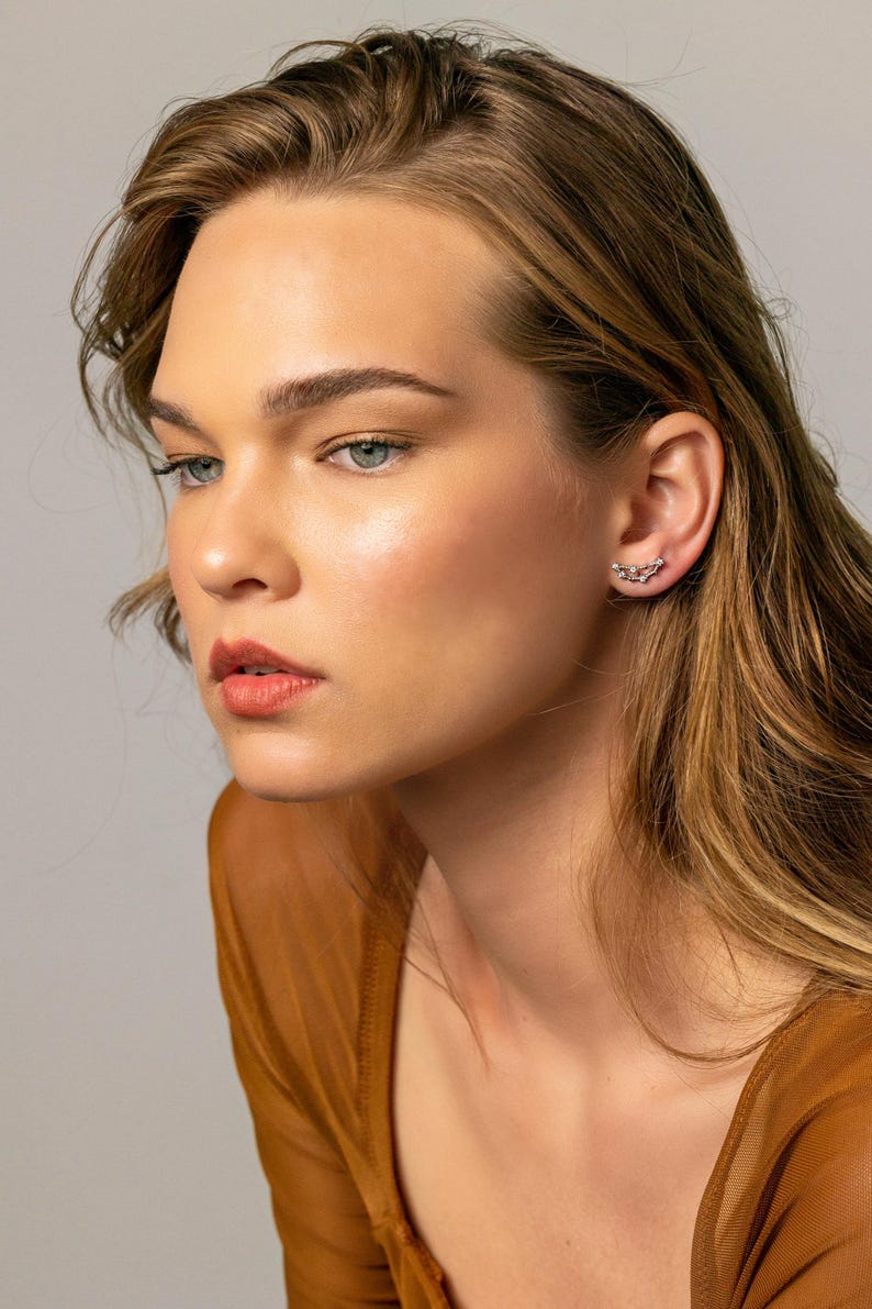 May include: A woman with long brown hair wearing a brown top and a small silver earring in her right ear.