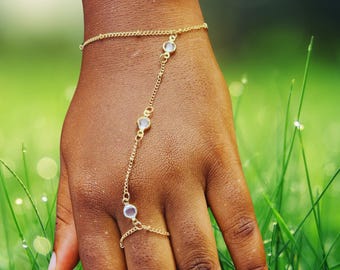 Gold Plated Hand Chain Bracelet with Rhinestone Ring: Boho Wedding Jewelry