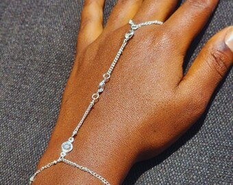 Gold Hand Chain Bracelet: Rhinestone Boho Finger Jewelry