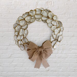 Handcrafted Oyster Shell Wreath: Coastal Burlap & Pearl Bow Decor