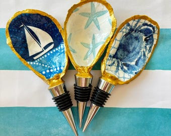 Nautical Oyster Shell Wine Bottle Stopper: Decoupage Coastal Decor