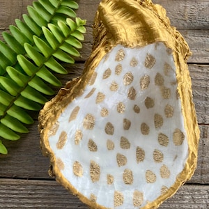 Oyster Shell Decoupaged Gold Spot Ring Dish, Hostess Gift, Coastal Decor, Nautical Gift, Handcrafted