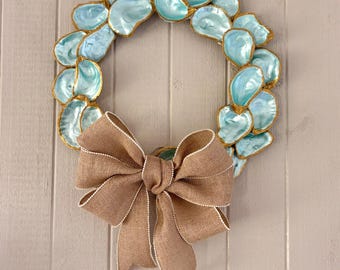 Floral Dark Blue and White Design Decoupage Oyster Shell Wreath