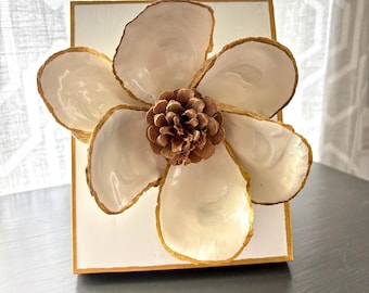 Oyster Shell Magnolia Wall Art: Coastal Decor with Gold Leaf