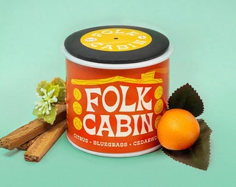 Folk Cabin Handpoured Soy Candle with Playlist & Vinyl Magnet - Music lover's Gift - Cozy core