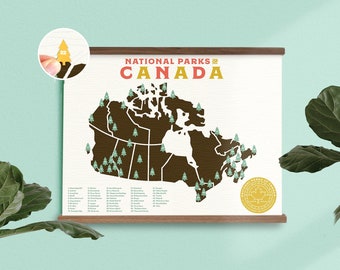 Stampa della mappa dei parchi nazionali del Canada con adesivi per alberi e cornice per tenere traccia dei tuoi viaggi