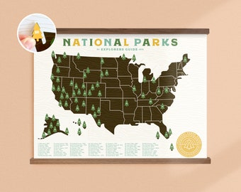 Stampa della mappa dei parchi nazionali con adesivi per alberi e cornice per tenere traccia dei tuoi viaggi