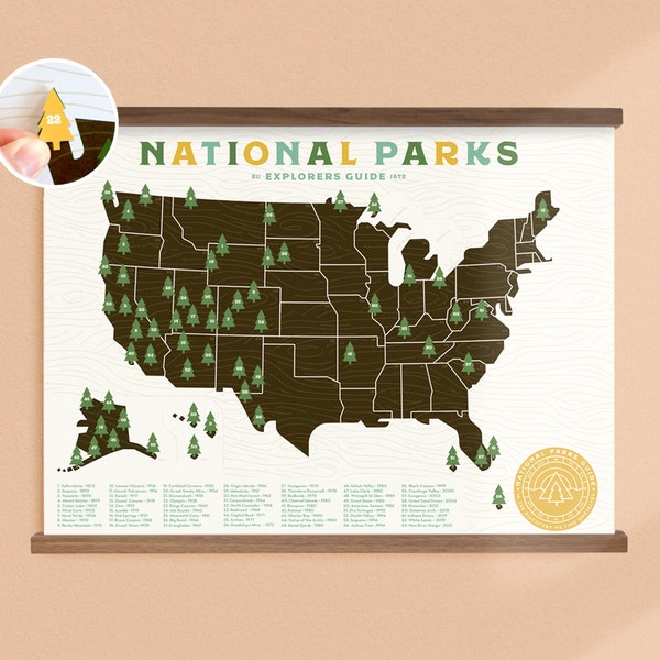 National Parks Map print with Tree Stickers and frame to keep track of your travels