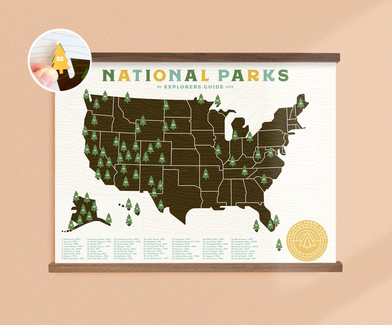 National Parks Map print with Tree Stickers and frame to keep track of your travels image 1