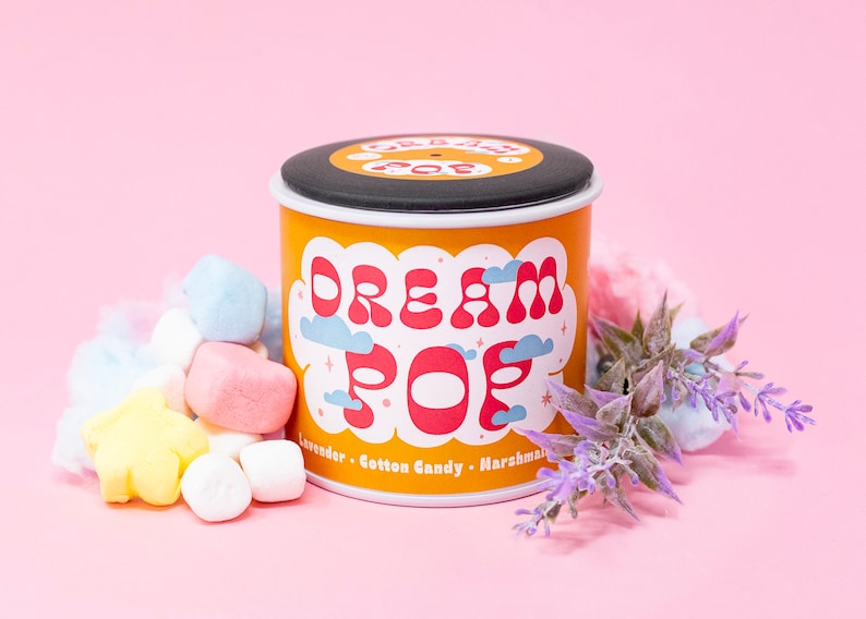 Dream Pop Handpoured Soy Candle with Playlist & Vinyl Magnet Music lover's Gift Dreamcore Cotton Candy image 1