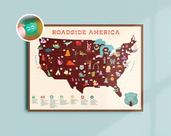 Roadside America Road Trip Map Print + Holographic Highway Sign Stickers – 44 Must-See Attractions!